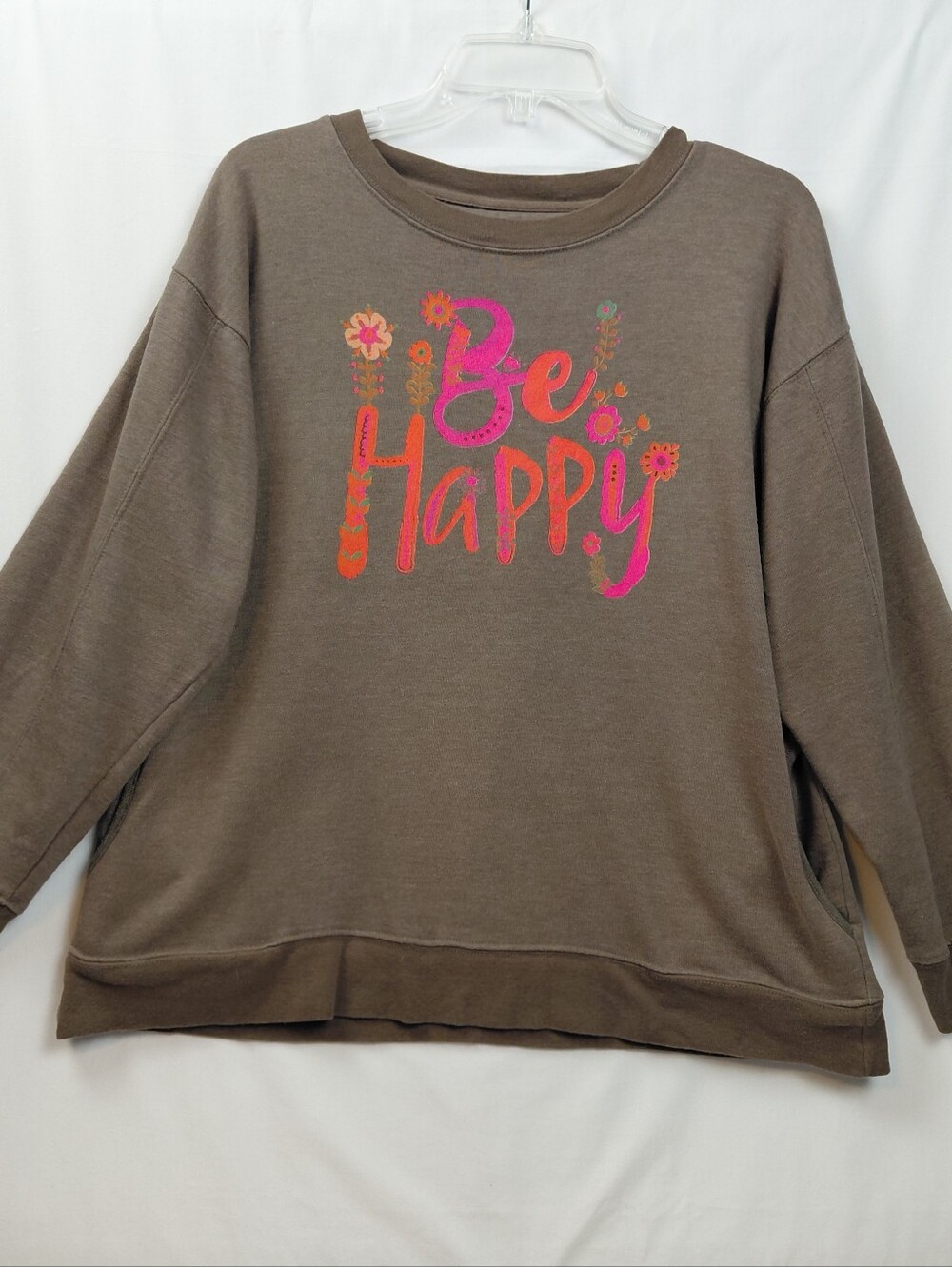 Natural Life Be Happy‎ Sweatshirt Women's Size Medium Brown Pockets
